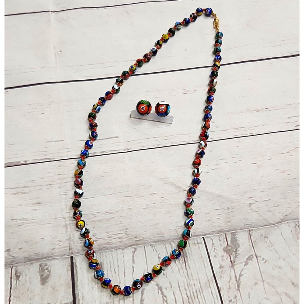Vintage Venetian Murano Millefiori Glass Beaded Necklace and Earrings Set